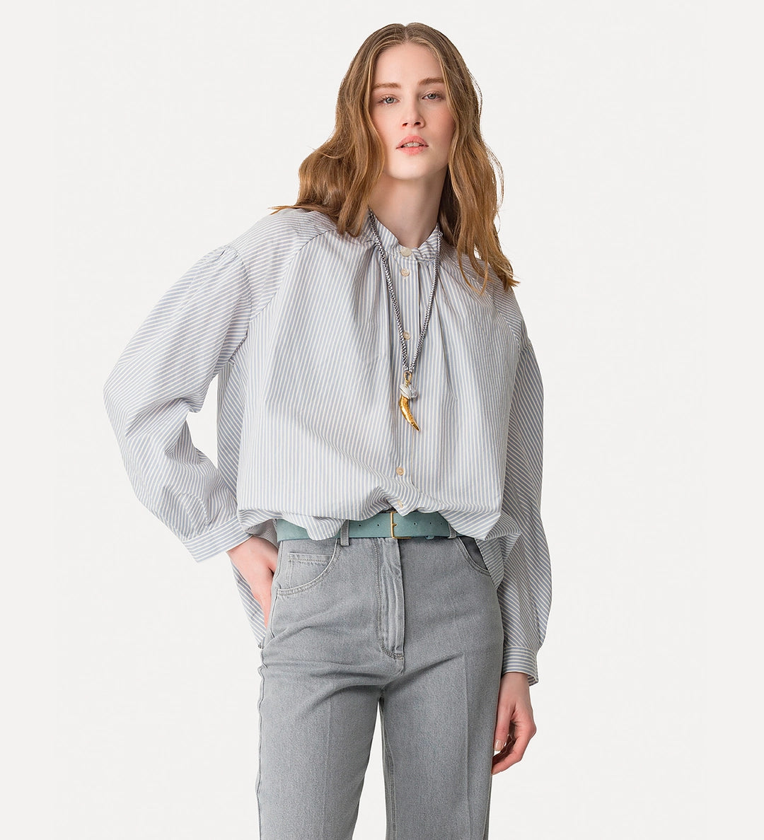 forte_forte cotton stripe bohemian shirt ceruleo