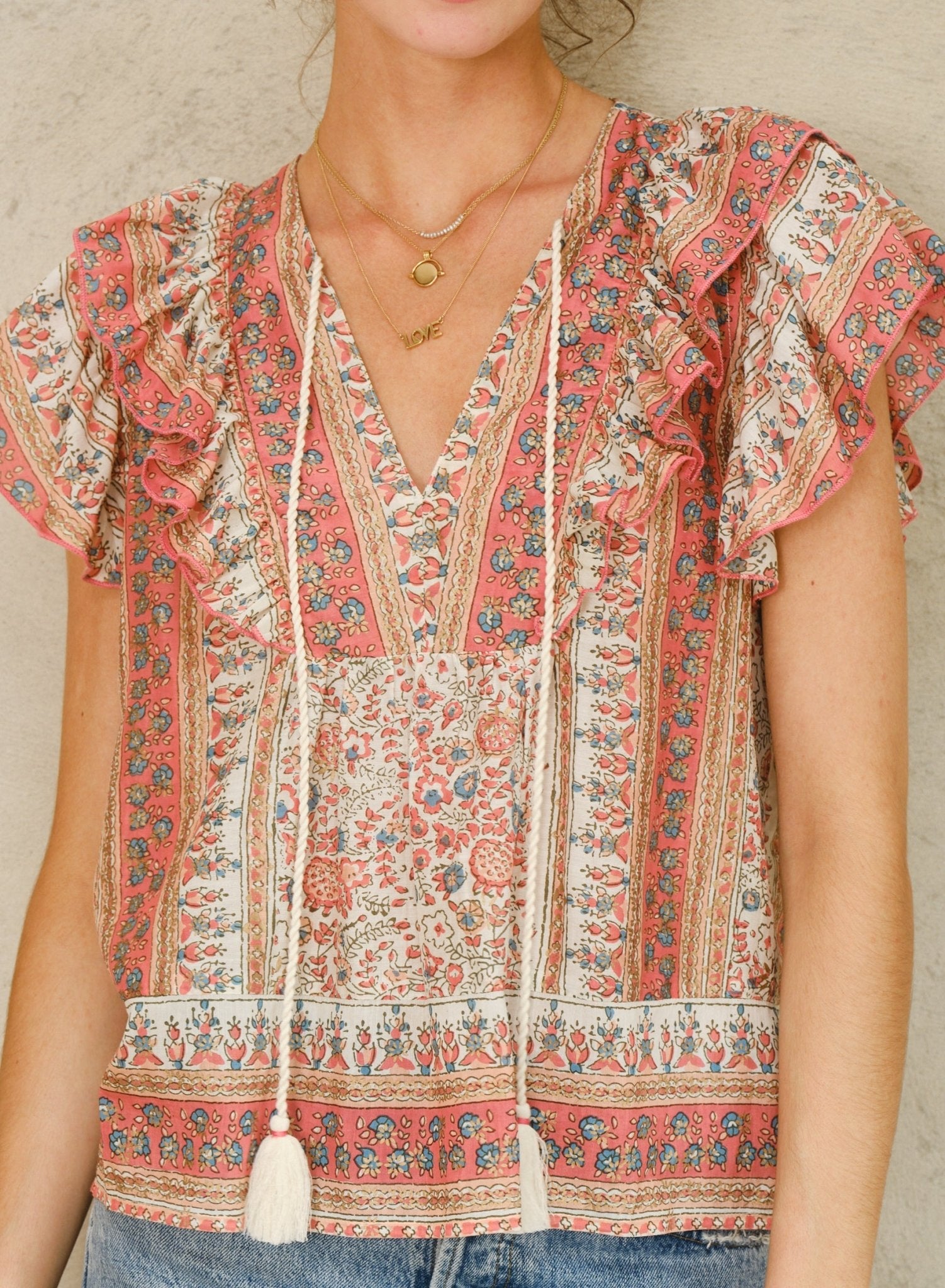 M.A.B.E. Cass Print Frill Top Coral - Den Lille Ida - M.A.B.E