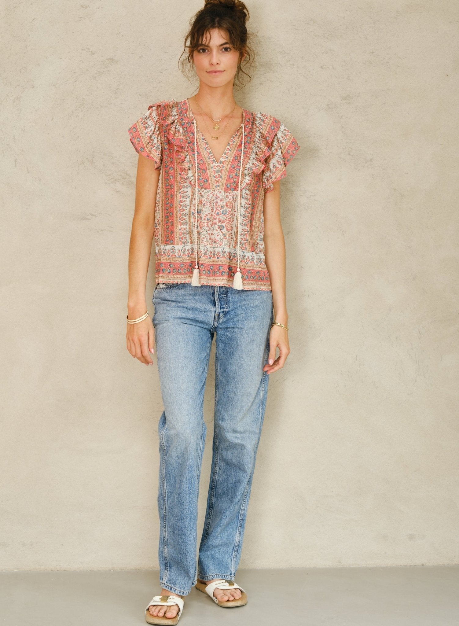 M.A.B.E. Cass Print Frill Top Coral - Den Lille Ida - M.A.B.E