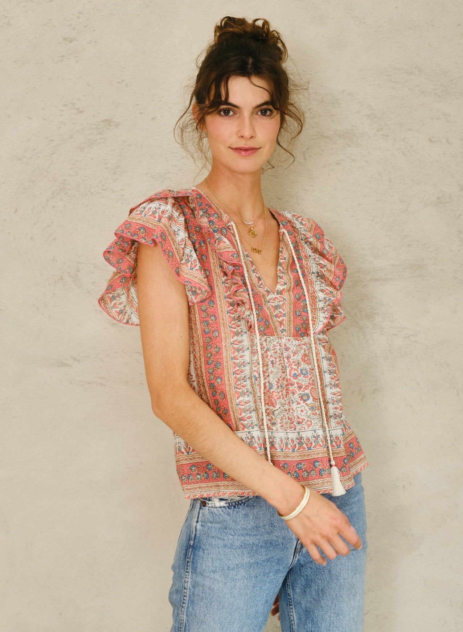 M.A.B.E. Cass Print Frill Top Coral - Den Lille Ida - M.A.B.E