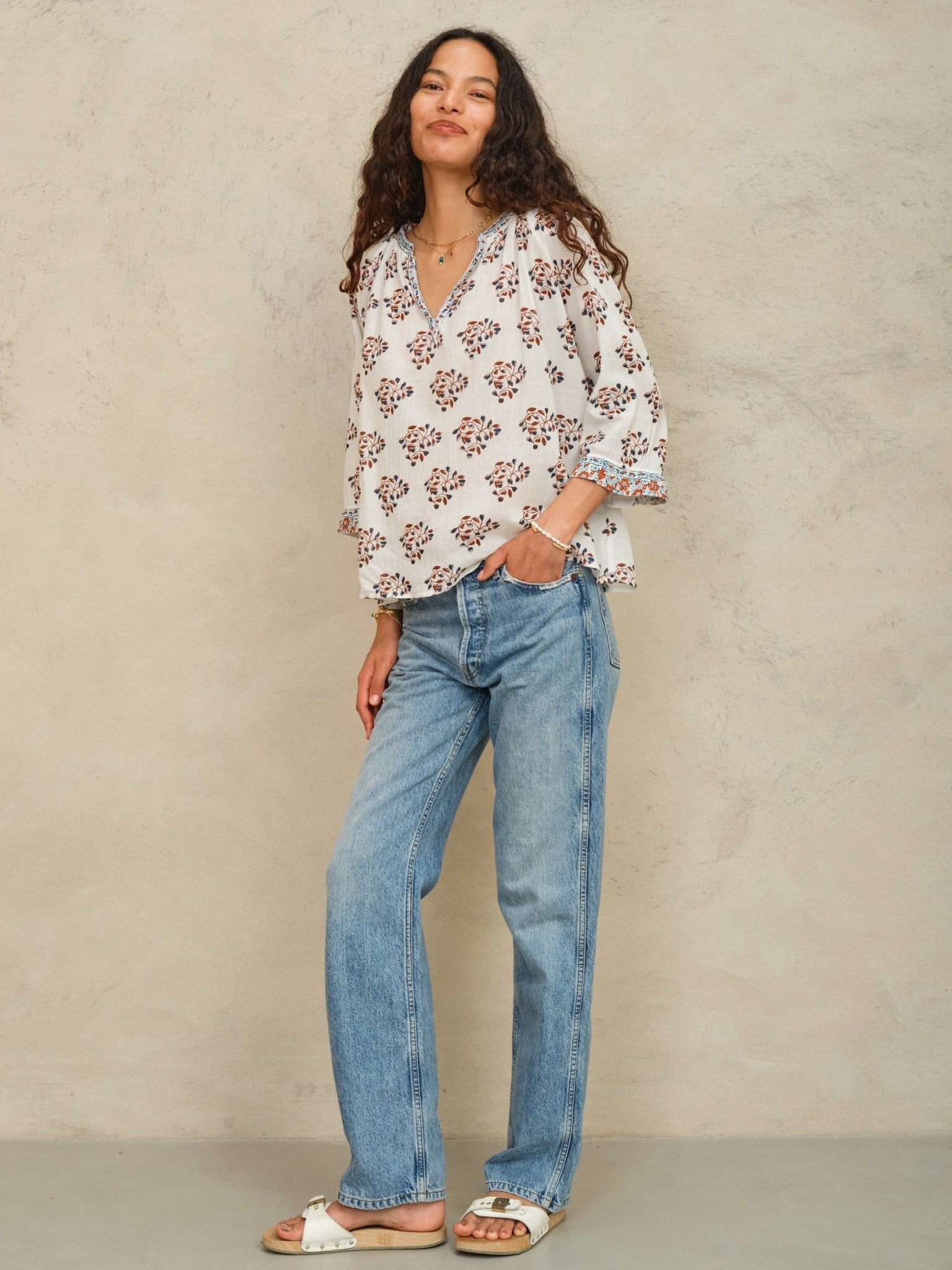 M.A.B.E. Stella Print Top Ecru/Rust - Den Lille Ida - M.A.B.E