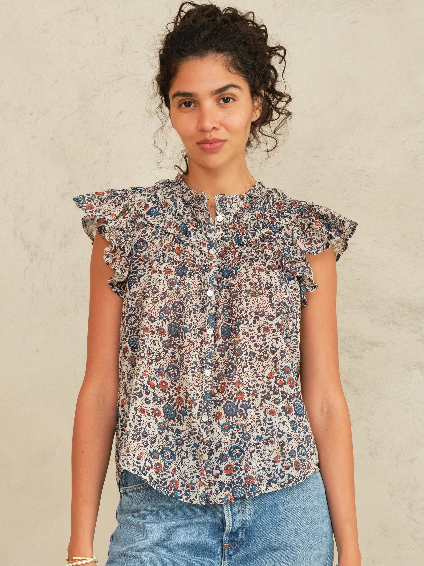 M.A.B.E Cass Print Frill Top Indigo/Rust