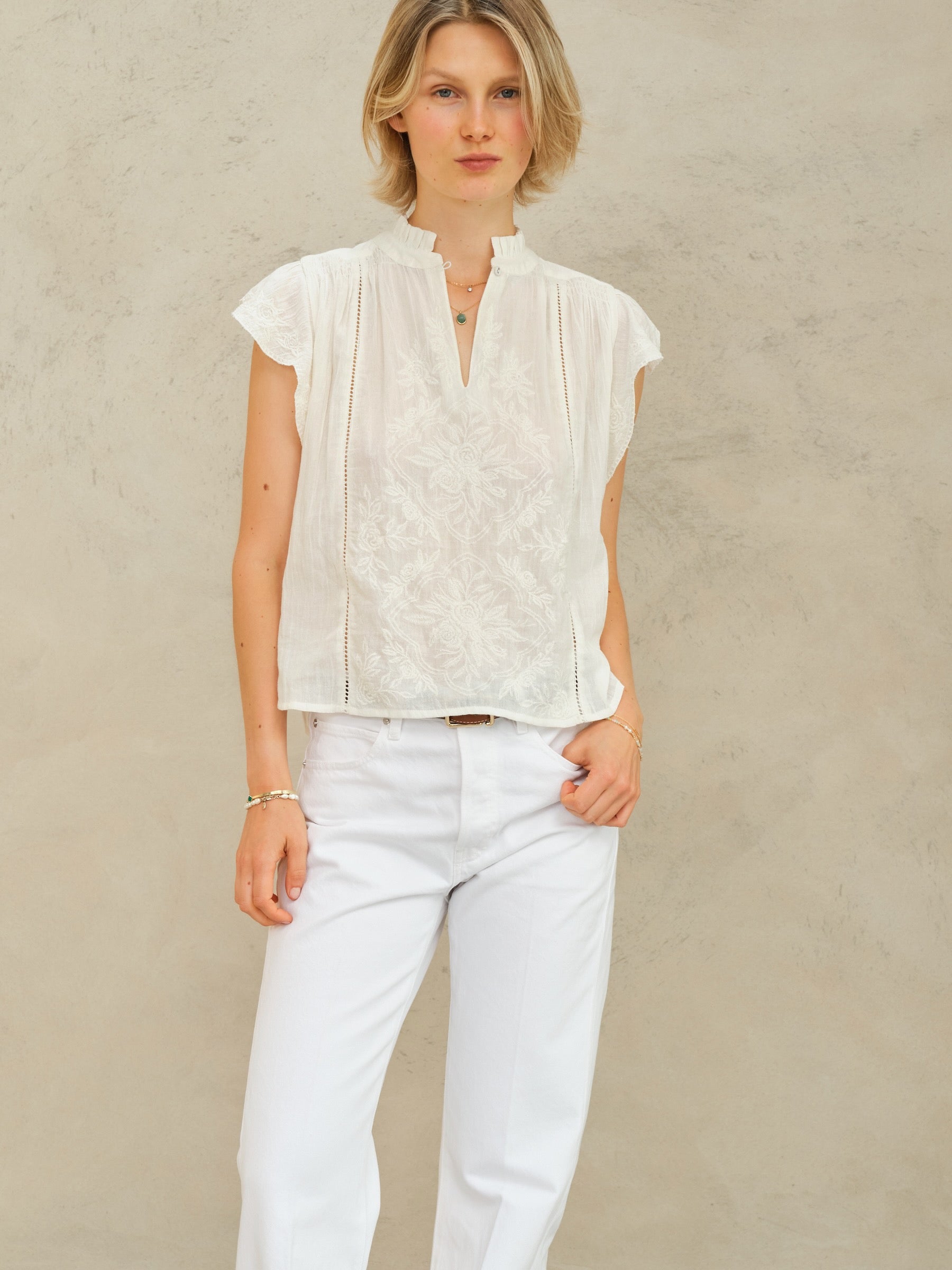 M.A.B.E LILIA Emb S/S Top Ecru