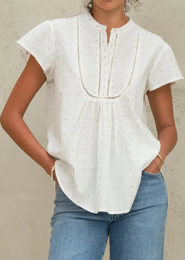 M.A.B.E Rita Woven S/S Top Ecru/Multi