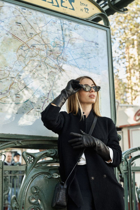 Agnelle Celia Long Leather Gloves Black