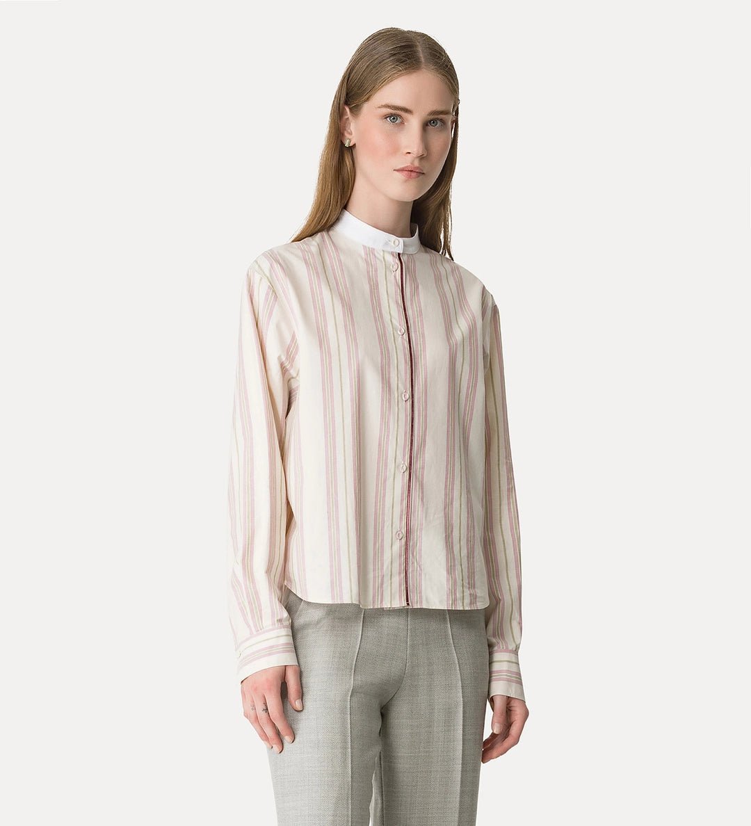 forte_forte mandarin–collar shirt in striped cotton with velvet detailing rose - Den Lille Ida - forte_forte