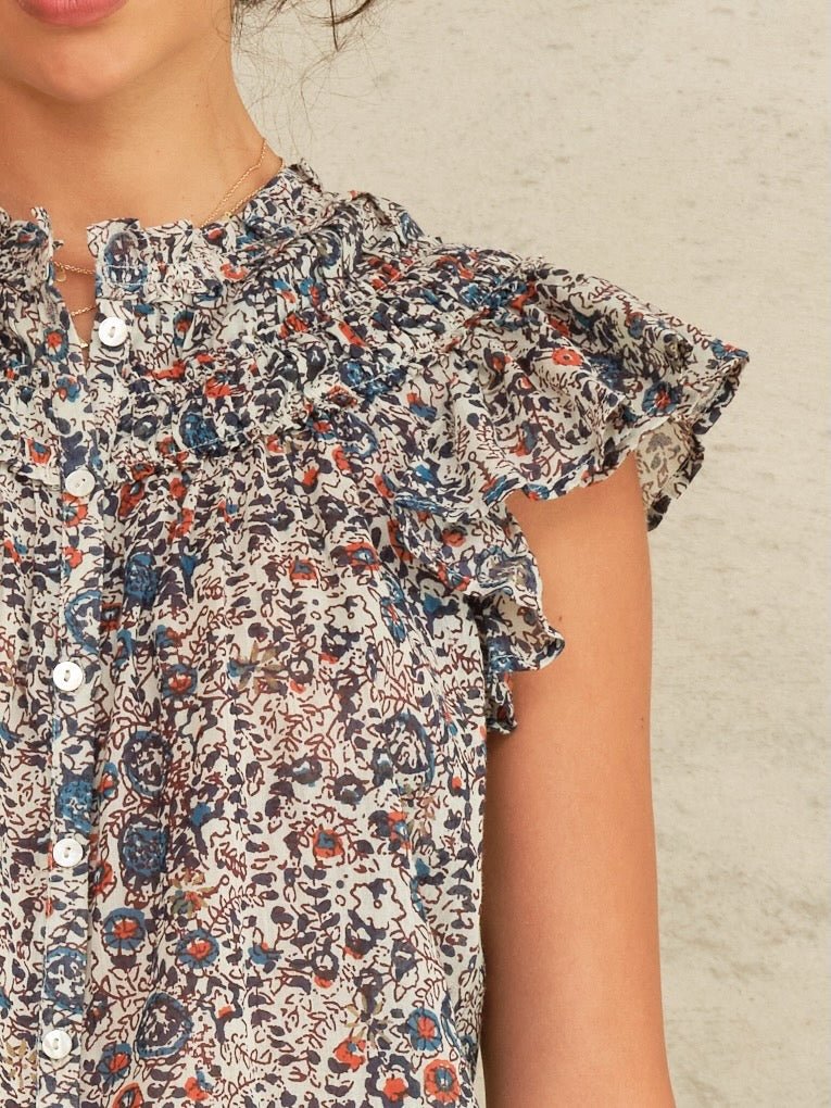 M.A.B.E Cass Print Frill Top Indigo/Rust - Den Lille Ida - M.A.B.E