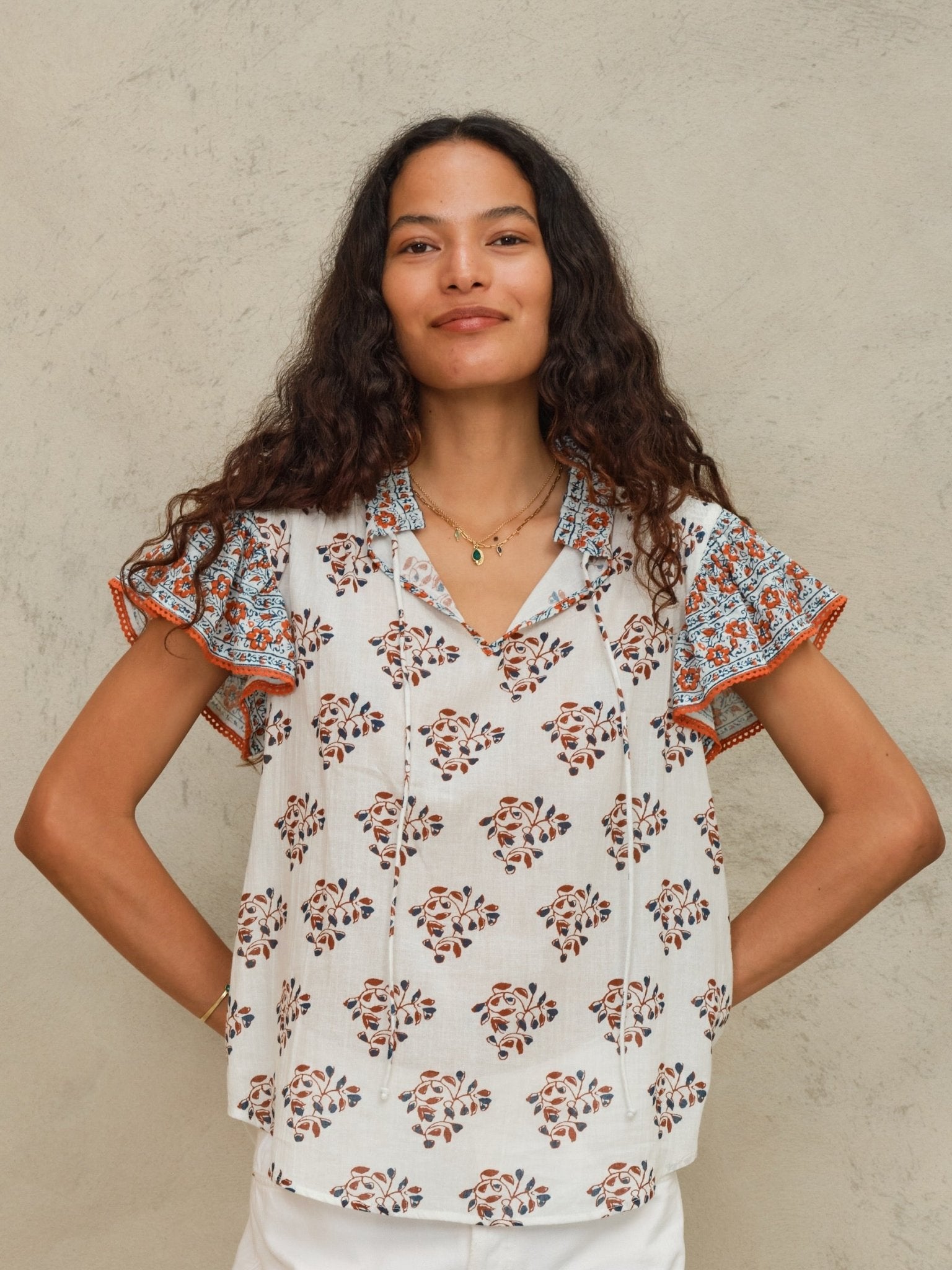 M.A.B.E. Stella Print S/S Top Ecru/Rust - Den Lille Ida - M.A.B.E