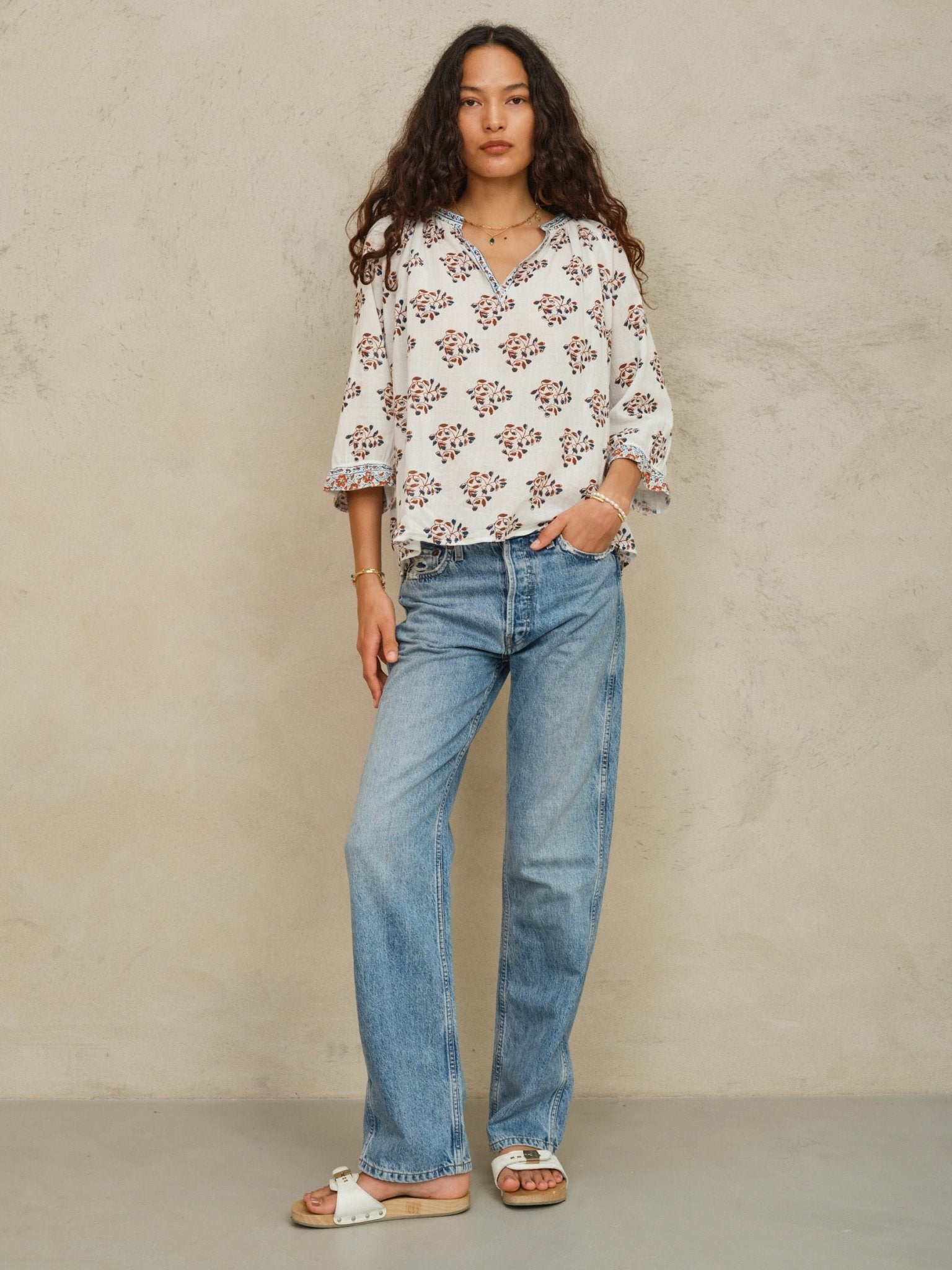 M.A.B.E. Stella Print Top Ecru/Rust - Den Lille Ida - M.A.B.E